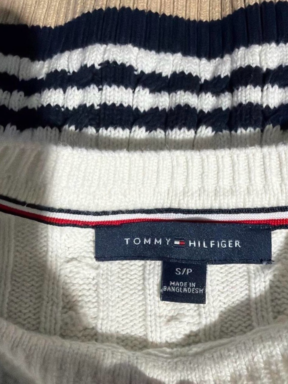 Tommy Hilfiger White Cable Knit Crewneck Sweater with Navy & Tan Stripes - Picture 2 of 6